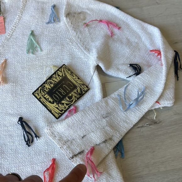Curio cardigan sweater with ribbon tassels size Small White/Multi Color Used - Picture 4 of 5